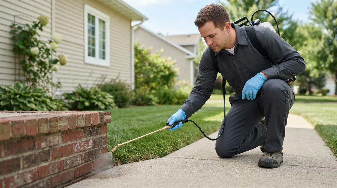 Pest control technician treating a home near Aurora, MN